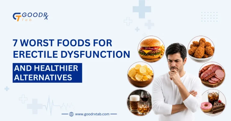 Professional medical illustration comparing unhealthy foods that may negatively affect erectile dysfunction with healthier alternatives, highlighting men's sexual health, heart health, and balanced nutrition.