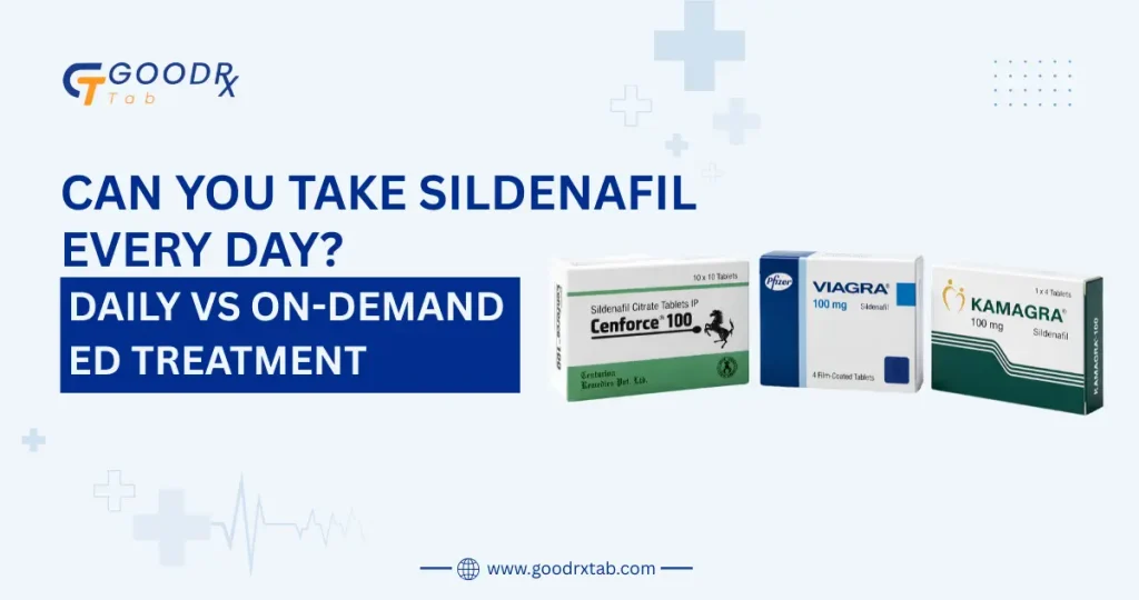 Professional medical illustration comparing daily and on-demand Sildenafil use for erectile dysfunction treatment, showing medication guidance, healthcare consultation, timing, and men's sexual health awareness.