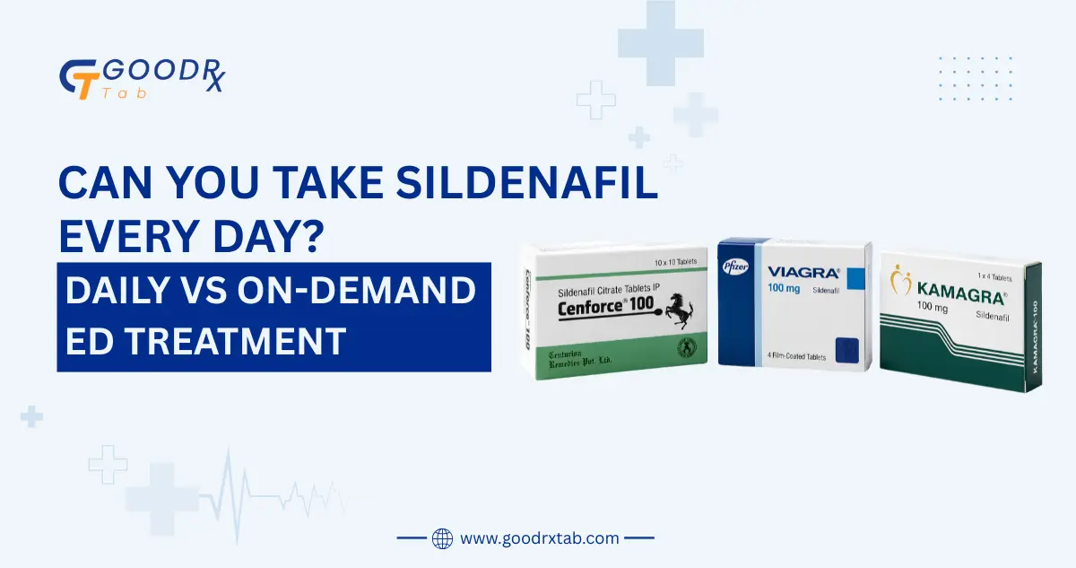 Professional medical illustration comparing daily and on-demand Sildenafil use for erectile dysfunction treatment, showing medication guidance, healthcare consultation, timing, and men's sexual health awareness.