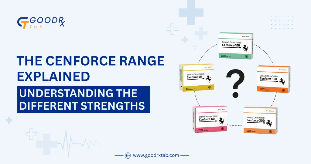 Professional medical illustration showing different Cenforce tablet strengths with dosage comparison, healthcare guidance, and men's sexual health concepts to explain erectile dysfunction treatment options.
