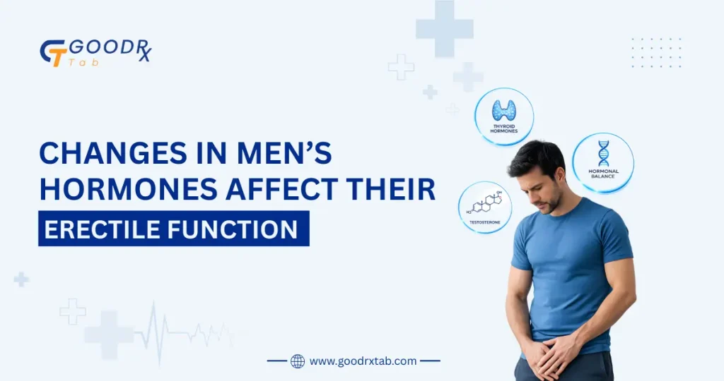 Professional medical illustration showing hormonal changes in men affecting erectile function, featuring a mature man with hormone balance icons, testosterone symbols, reproductive health graphics, and healthcare elements related to erectile dysfunction.