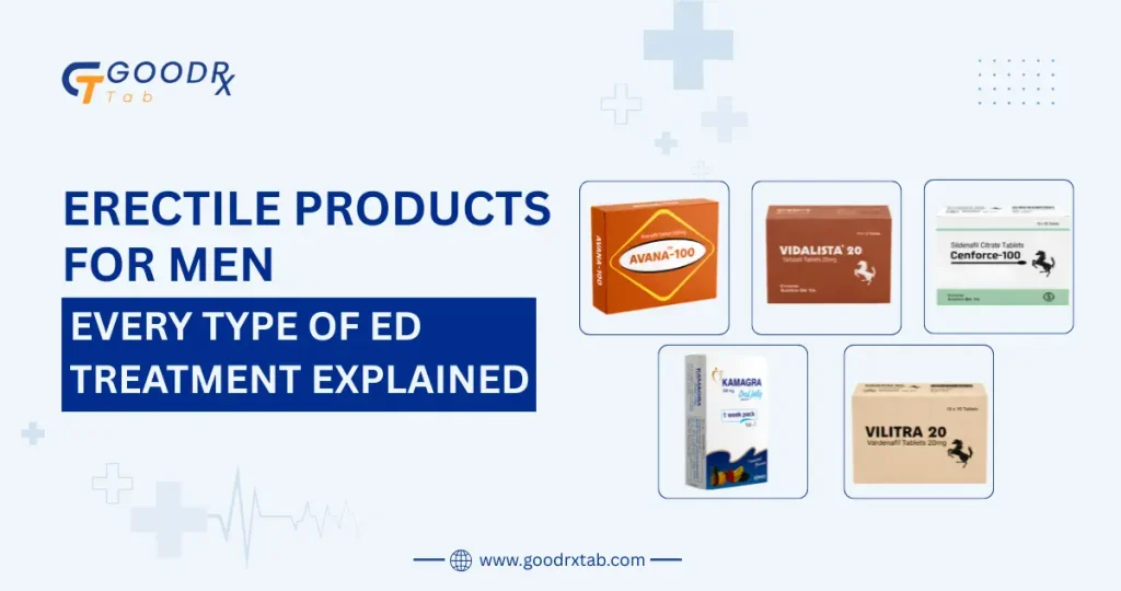 Professional medical illustration showcasing different erectile dysfunction treatment options for men, including ED tablets, healthcare consultation, lifestyle support, and men's sexual wellness.