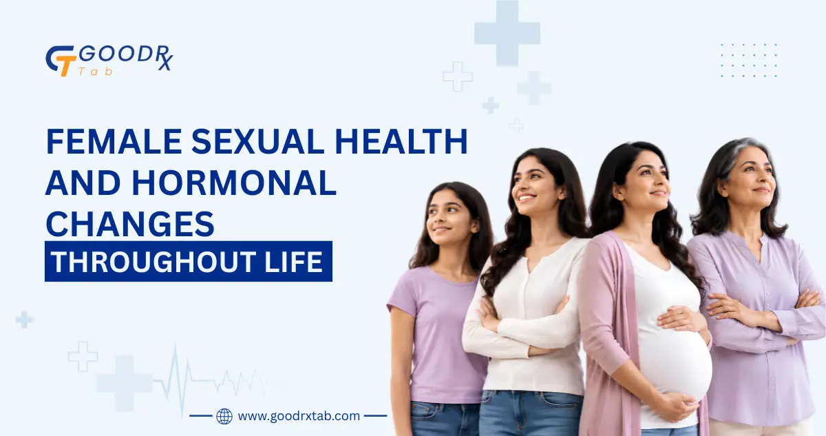 Female Sexual Health and Hormonal Changes Throughout Life 2 Professional medical illustration showing a woman's hormonal health journey through puberty, reproductive years, pregnancy, perimenopause, and menopause, highlighting female sexual health, hormone balance, and overall well-being.
