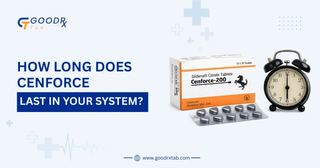 Cenforce sildenafil tablets with a clock and timeline showing how long Cenforce stays in the body and remains effective for erectile dysfunction treatment.