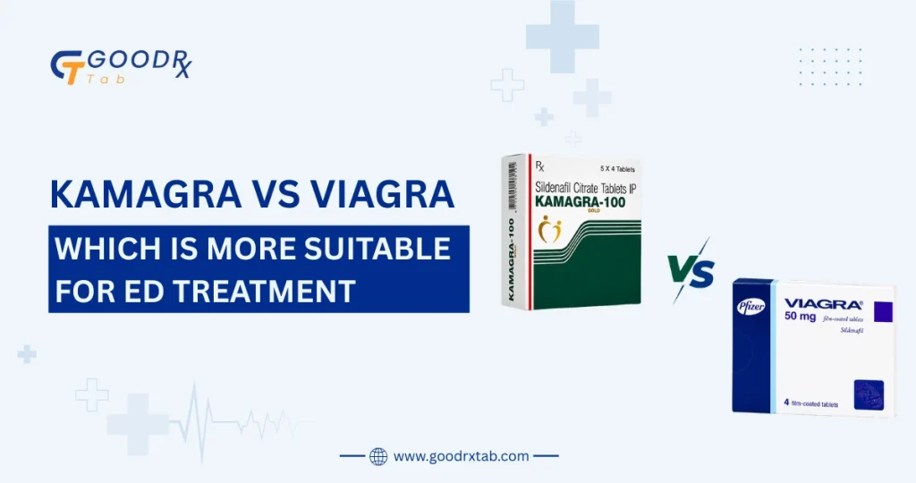Kamagra and Viagra tablets displayed side by side with a healthcare comparison concept for erectile dysfunction treatment