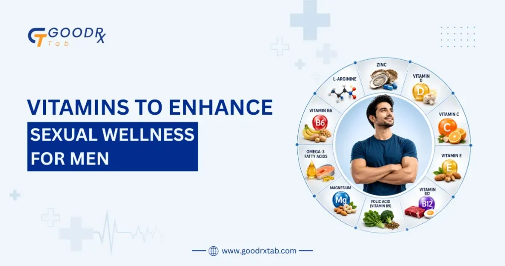 Professional medical illustration showing essential vitamins and nutrients that support men's sexual wellness, featuring a healthy man, vitamin supplements, nutritious foods, and symbols for energy, testosterone, fertility, and reproductive health.