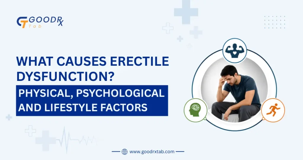 Professional medical illustration showing the causes of erectile dysfunction including physical health conditions, psychological factors, stress, lifestyle habits, and men's sexual health awareness.