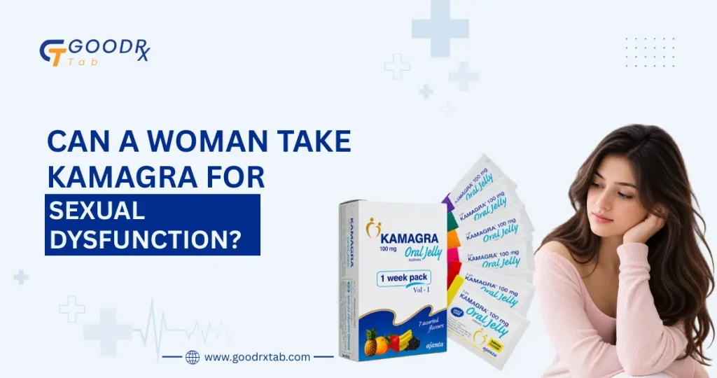 Woman considering Kamagra for sexual dysfunction, with information about risks and safer alternatives.